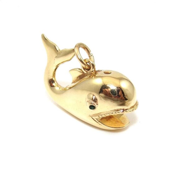 14K Yellow Gold Natural Emerald Whale Pendant